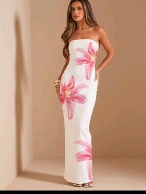 Fitted Long Dress,White And Pink Floral Elegant Dress,Summer V